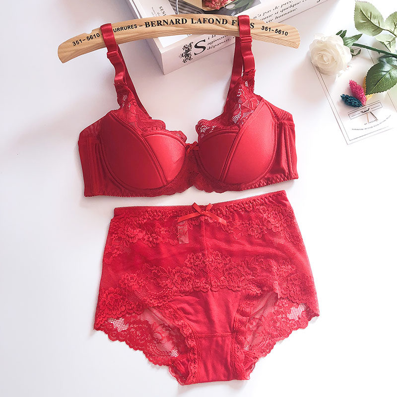 大红色大码女士内衣套装本命年光面薄款结婚文胸胖mm新娘胸罩显小