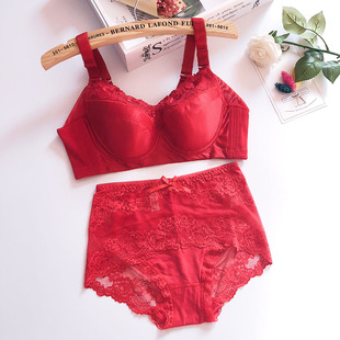 红色内衣套装女调整型收副乳结婚新娘本命年大胸显小大码薄款文胸