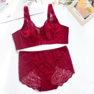 聚拢文胸套装 本命年红色结婚新娘内衣大胸显小缩胸胸罩大码 超薄款