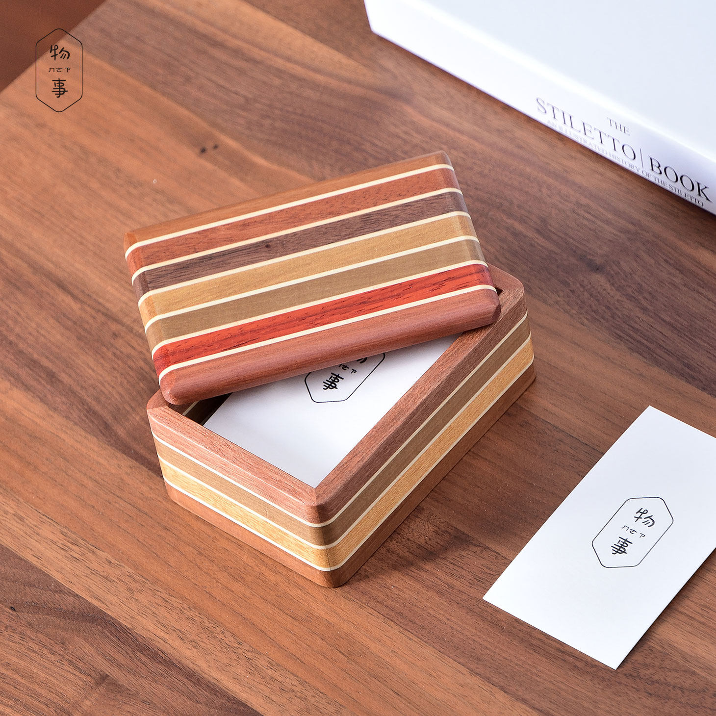 日本寄木细工原木拼接不染色 实木彩条拼接高级名片盒杂物收纳盒
