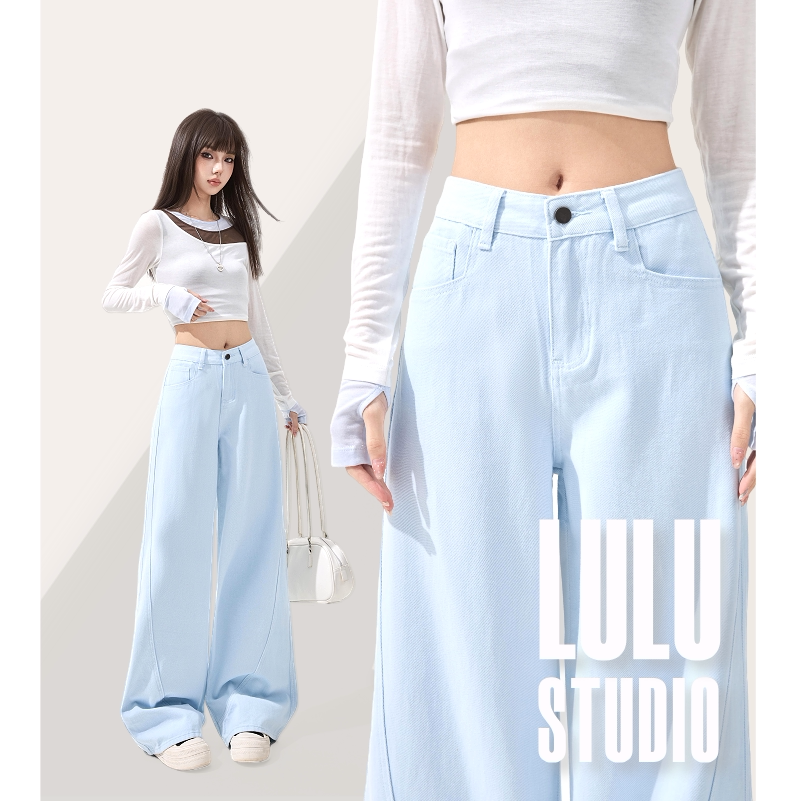 lulu家黑色高腰阔腿牛仔裤女春薄款直筒裤子显瘦垂感长裤天蓝色