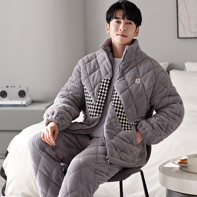 2025冬季新款牛奶绒三层夹棉男士加厚拉链连帽开衫家居服睡衣套装