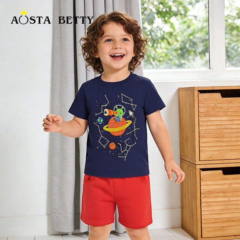 跨境货源欧美风格夜光印花短袖T恤两件套26夏季男童短裤套装批发