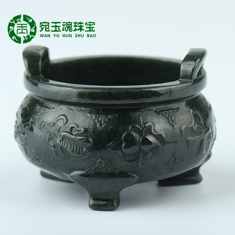 宛玉魂和田玉鼎盛摆件手工雕刻青玉三足鼎小摆件玉石把件配证书