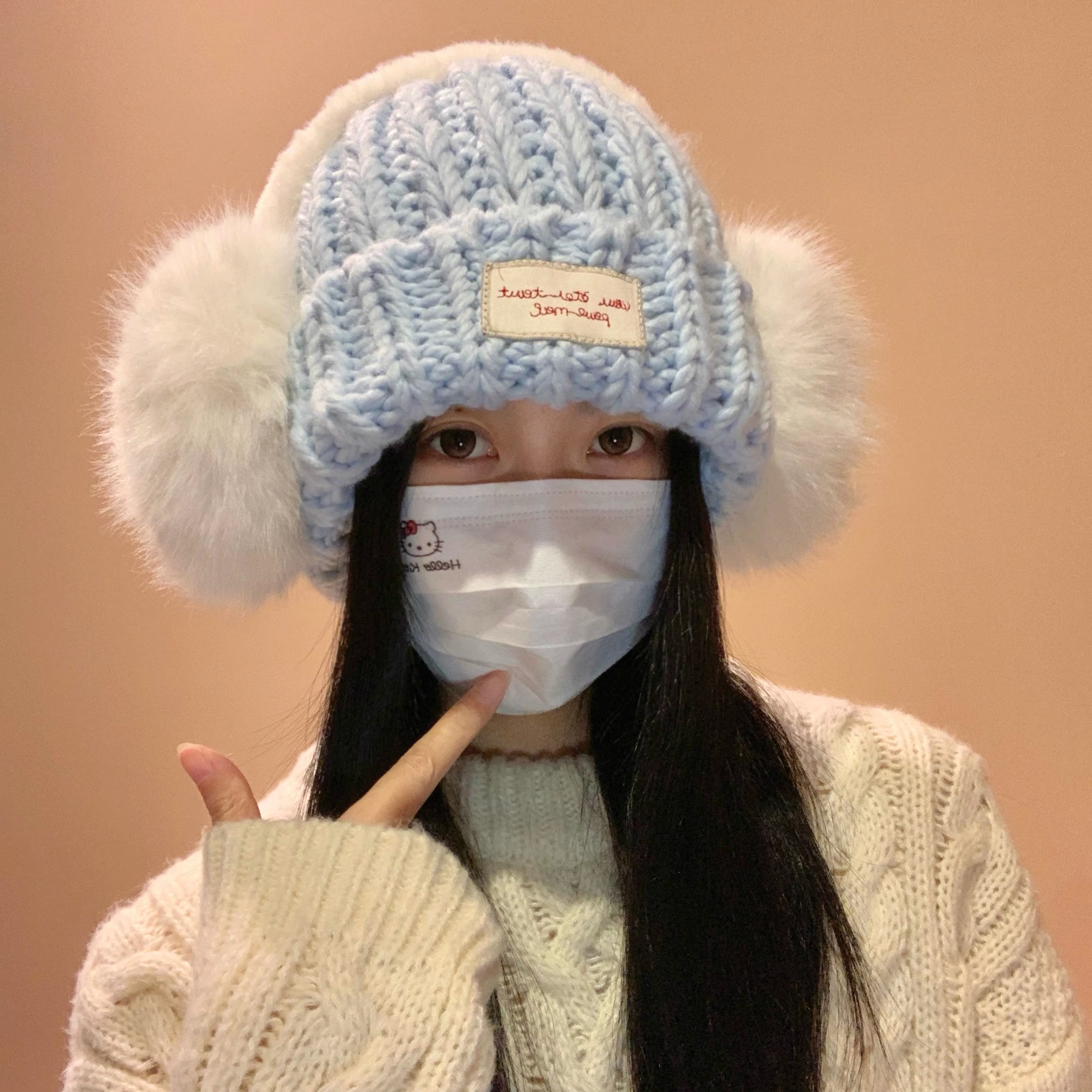 蓝色大头围贴布粗针织毛线帽