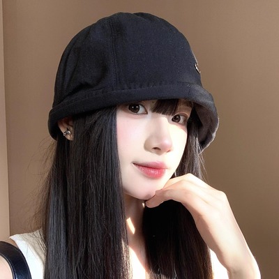 黑色亚麻风水桶帽女夏透气显脸小