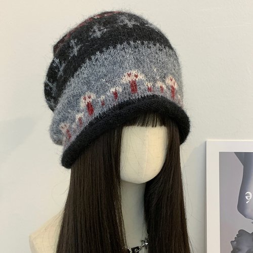 复古费尔岛风卷边提花堆堆帽女