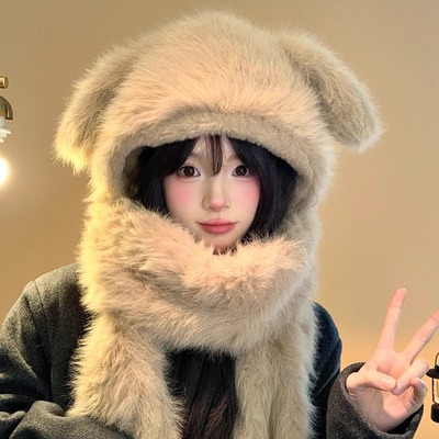 卡其毛绒小狗耳朵帽子帽围一体冬