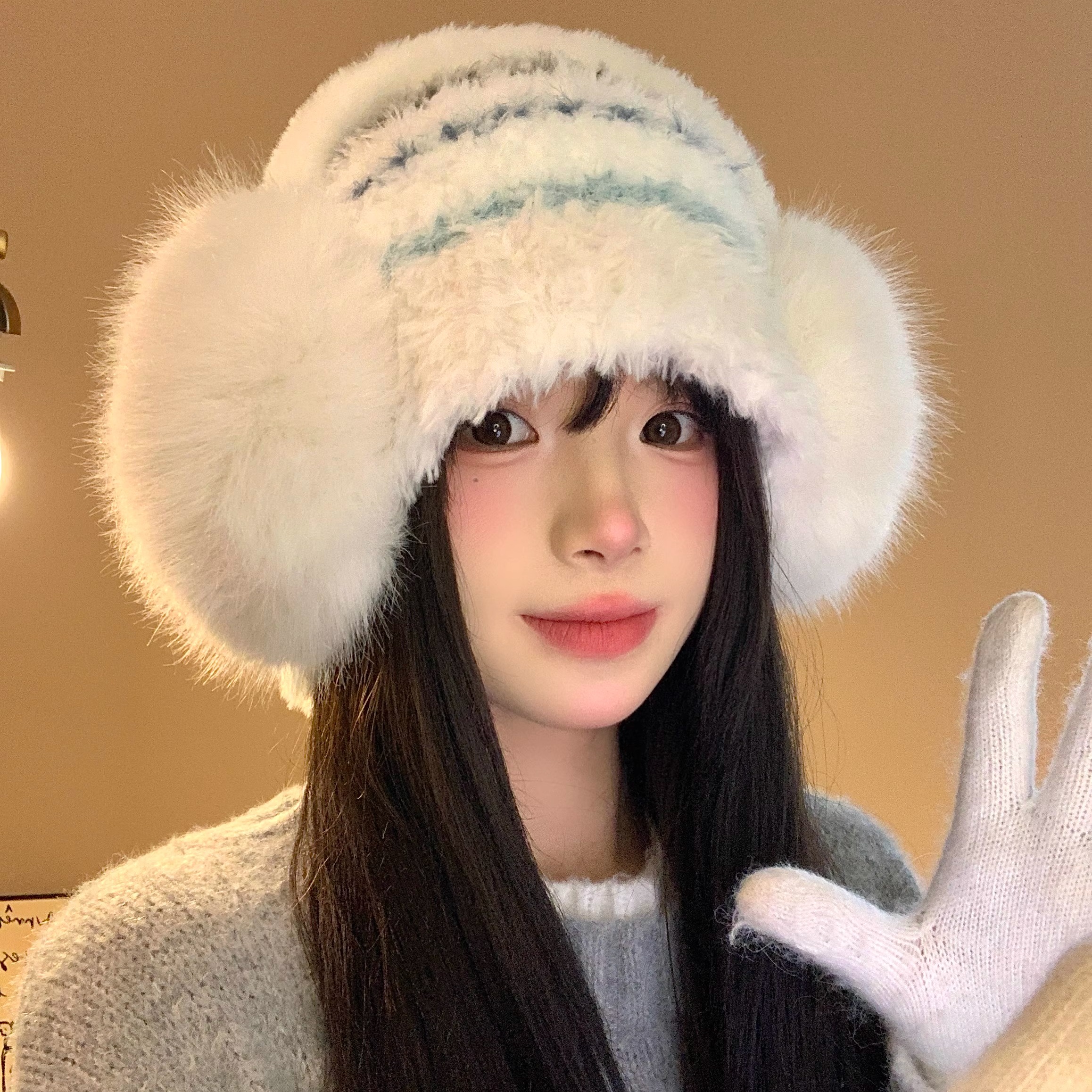 韩版加厚毛绒绒针织帽子女秋冬款