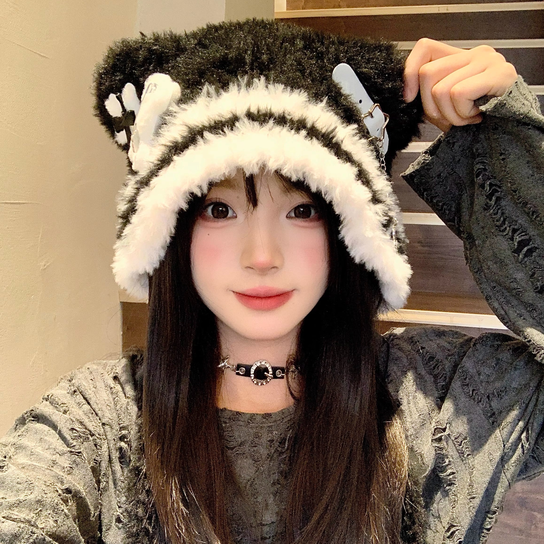 暗黑亚比风文化自制小熊帽可爱十字架星星毛线帽小众y2k帽子