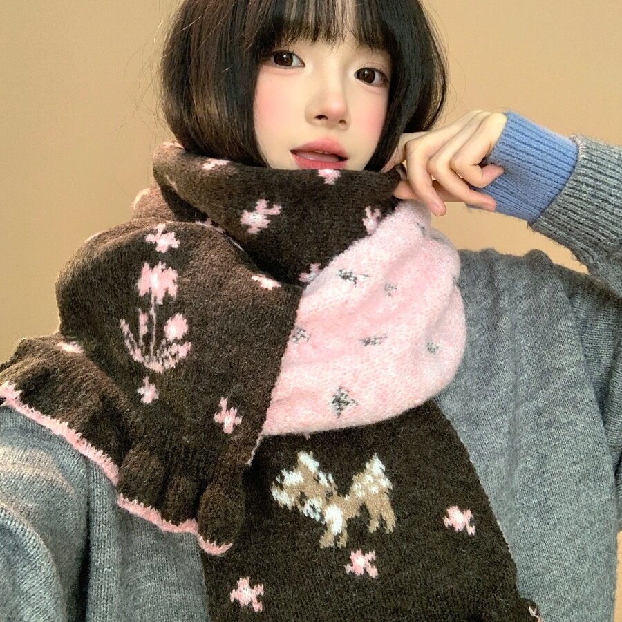 韩系双面小鹿针织围巾女生冬高级感氛围感加厚保暖毛线小围脖护颈