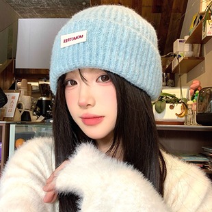 蓝色针织字母毛线帽女秋冬季大头围百搭帽子显脸小保暖护耳包头帽