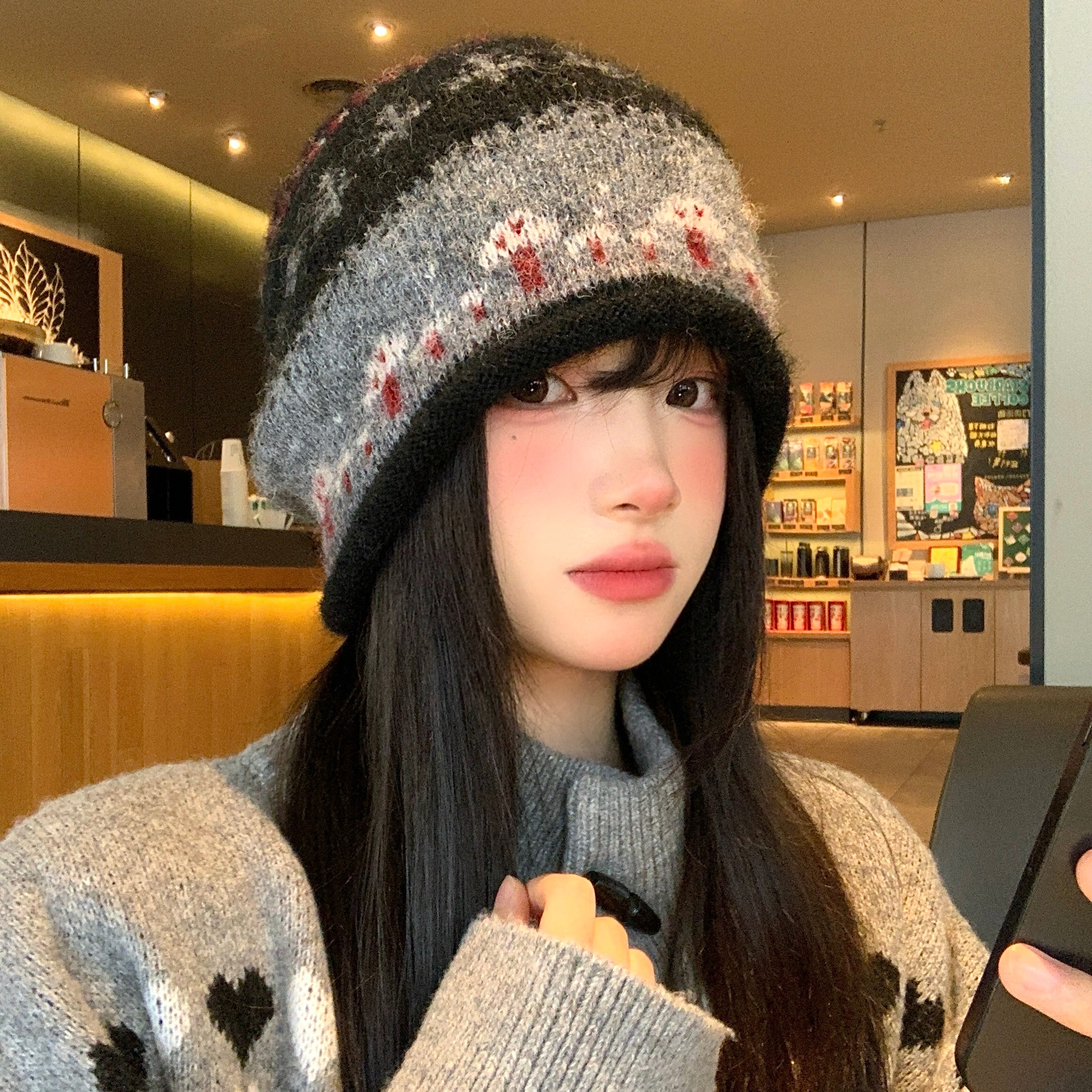 费尔岛风卷边提花堆堆帽女秋冬