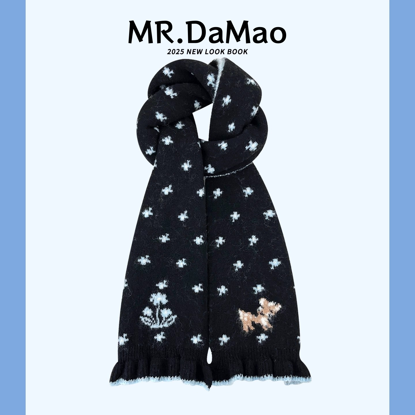 韩版可爱碎花小鹿提花针织围巾女秋冬季设计感荷叶边甜美毛线围脖