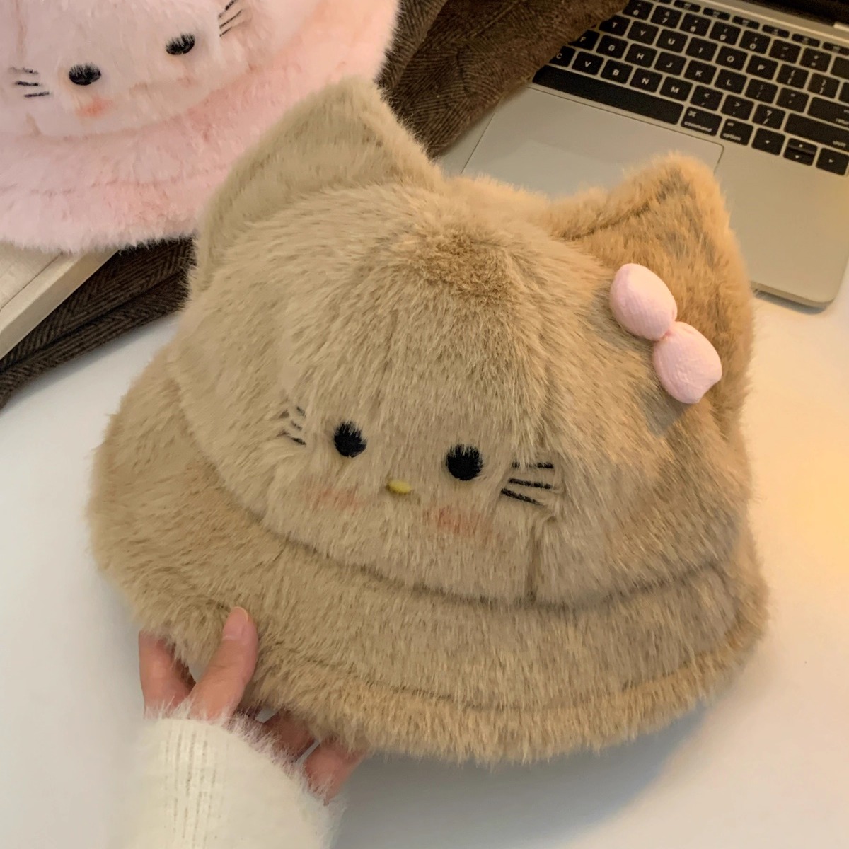 可爱毛绒猫咪渔夫帽子女生秋冬款
