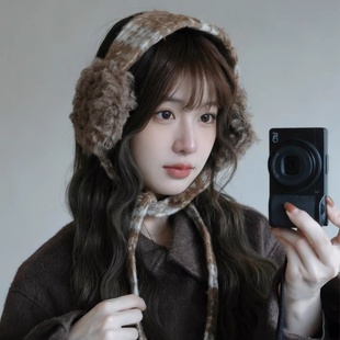 韩系撞色氛围感马海毛格纹耳罩秋冬高颜值绑带围脖防寒保暖耳捂子