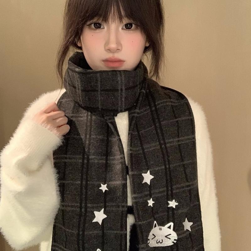 千禧y2k萌妹小猫围巾深格灰色围巾百搭可爱秋冬百搭宅系日系