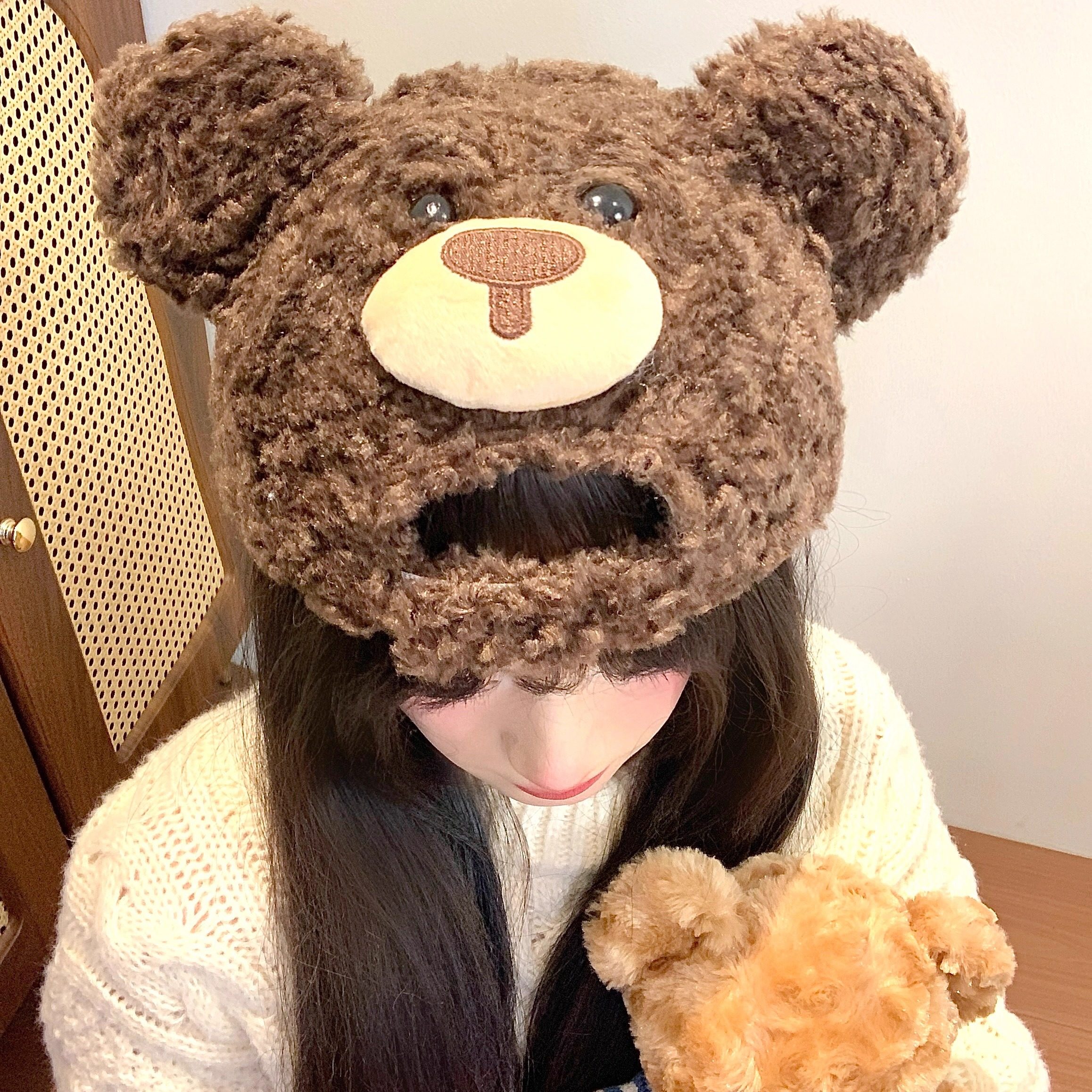 正反小熊耳朵羊羔绒棒球帽女秋冬季宽帽檐大脸显脸小保暖鸭舌帽子