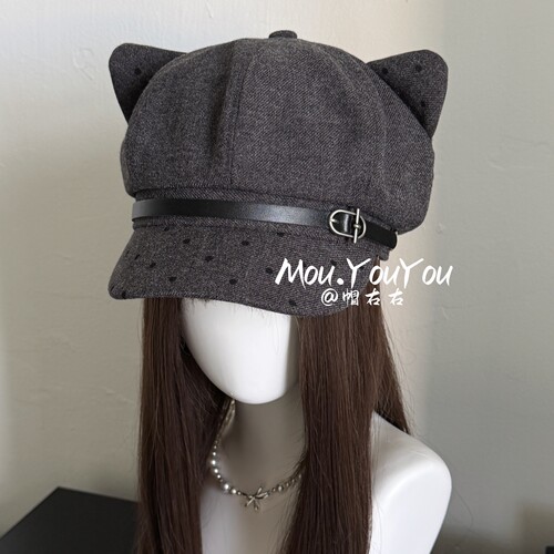日系古早味波点皮扣猫耳八角帽女