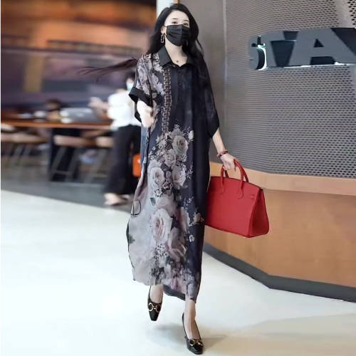 胖MM宽松显瘦衬衫领长款过膝裙子