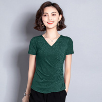 Elastic slim Latin dance dress female adult modern social dance top short sleeve belly covering thin square dance blouse