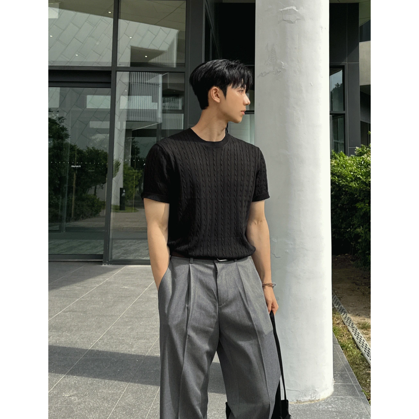 MRDONG韩国代购东大门男装8色亚麻圆领短袖T恤麻花纹针织轻薄气质