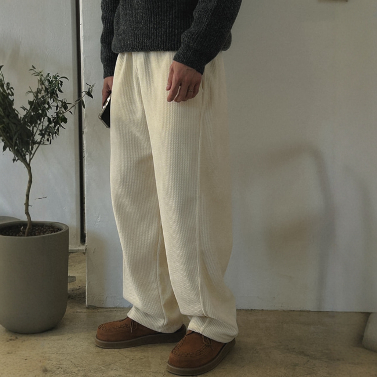 韩国男装代购直播mosco天鹅绒螺纹灯芯绒厚款秋冬阔腿直筒休闲裤