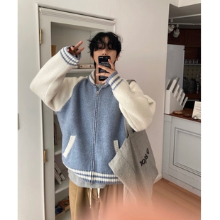 韩国代购直播男女福利秒杀DEED强推羊毛重工撞色减龄针织开衫外套