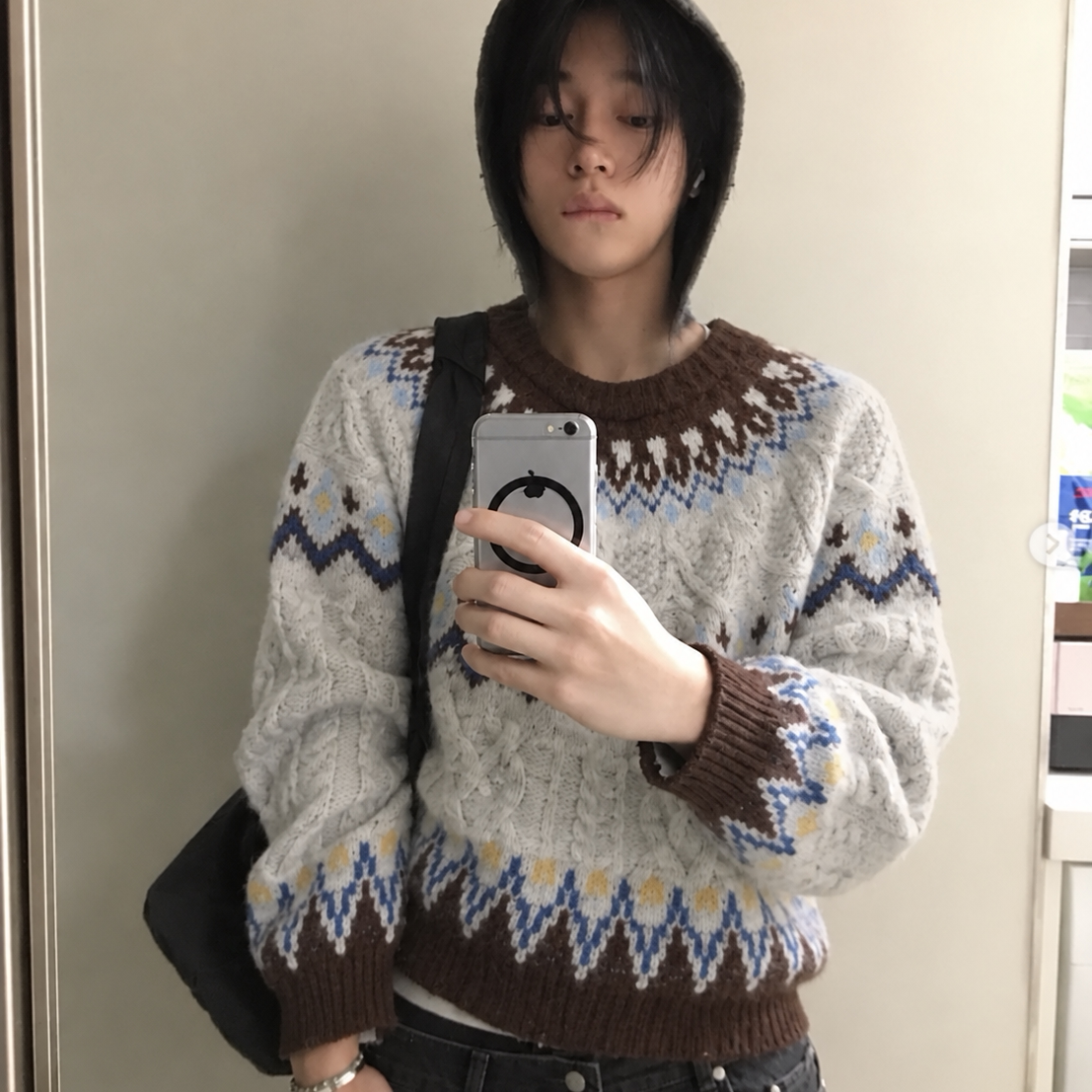 MRDONG韩国代购东大门男装北欧风复古文艺提花麻花圆领毛衣针织衫