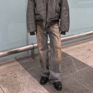 MRDONG韩国代购男装重工做旧水洗直筒牛仔裤复古街头质感硬朗风格
