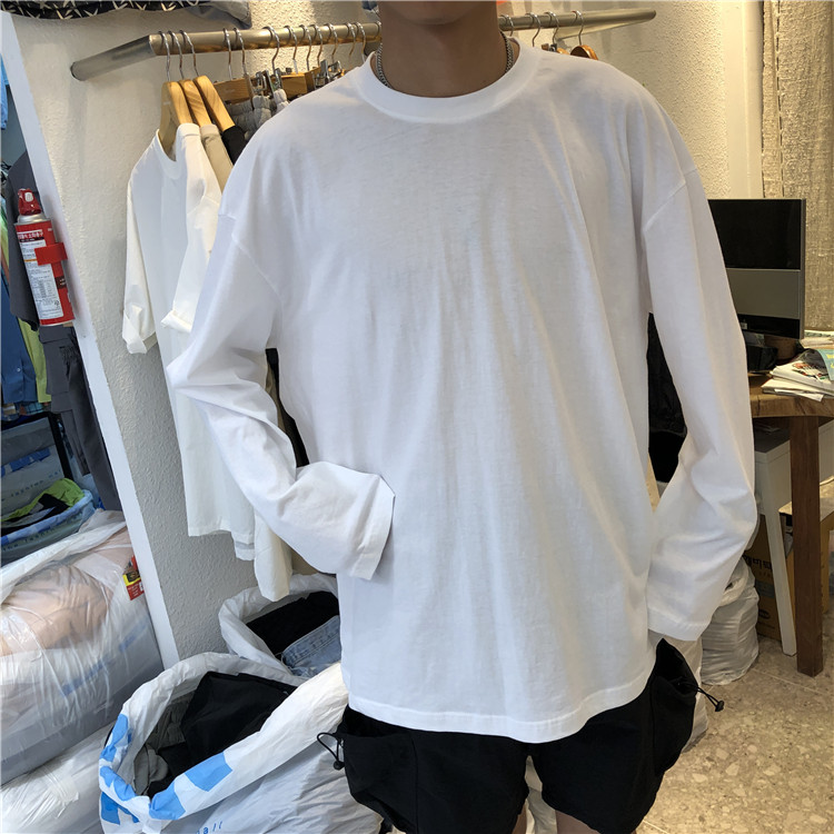 限10000张券东大门韩国男装代购直播款式纯色薄款圆领宽松大码长袖T恤190707