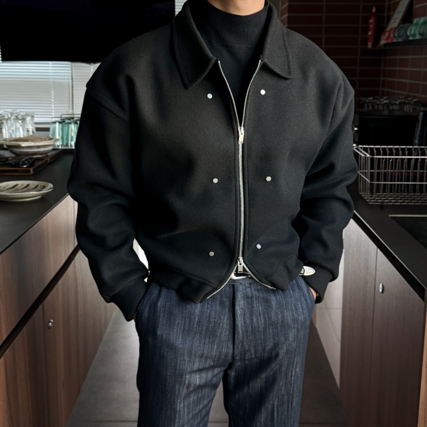 MRDONG韩国男装代购轻熟简洁翻领双向拉链铆钉短款羊毛呢夹克外套