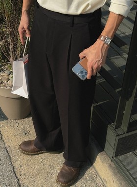 韩国代购男装直播LAINE抓绒秋冬限定重工单掐褶直筒宽松轻奢西裤