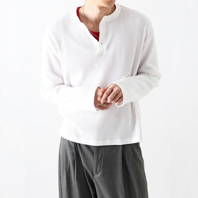 韩国代购男装华夫格亨利领长袖T