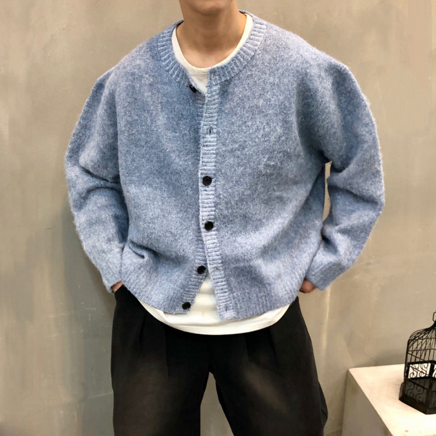 韩国男装混羊毛绒感挺阔针织开衫