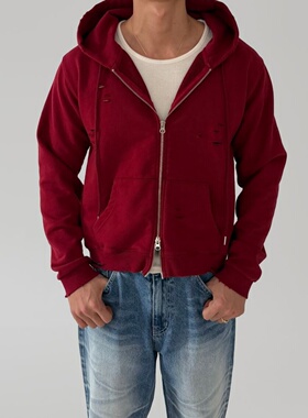 MRDONG韩国代购男装破坏做旧连帽拉链卫衣宽松廓形街头潮流外套