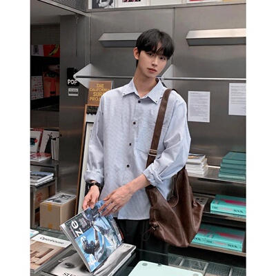 韩国代购细条纹宽松廓形全棉衬衫