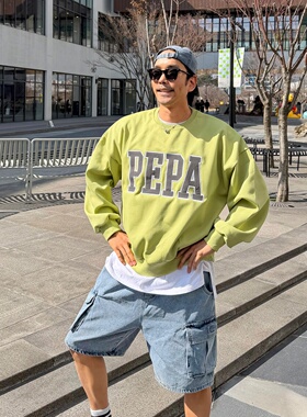 MRDONG韩国代购男装佩帕字母刺绣宽版落肩圆领潮流卫衣上衣单品款