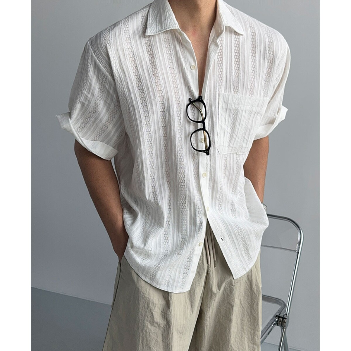 MRDONG韩国男装代购夏季轻薄蜂窝镂空纹理设计师蕾丝宽松短袖衬衫