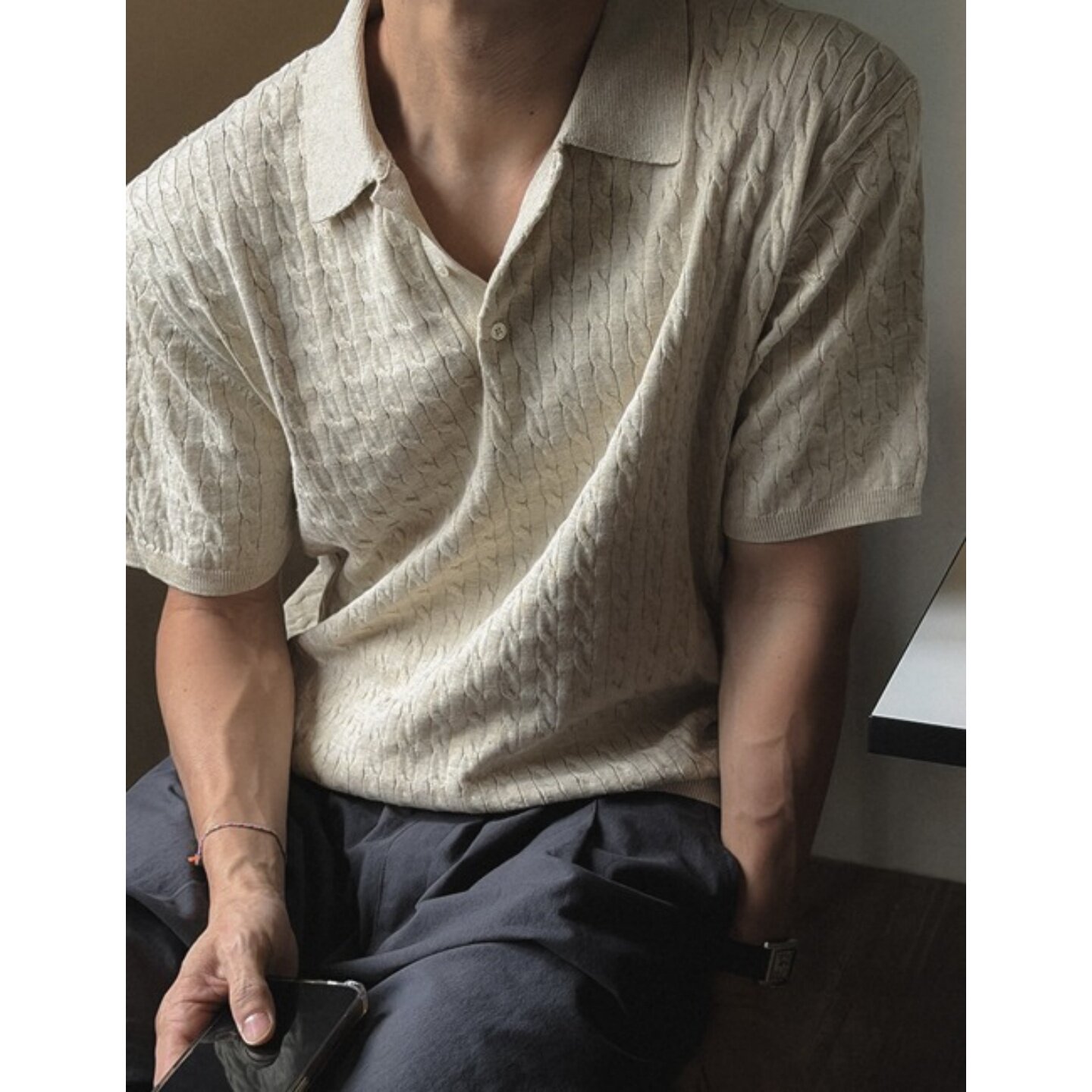MRDONG韩国代购东大门男装LOGAN麻花翻领针织短袖T恤轻奢夏季