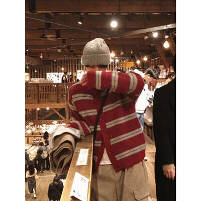 韩国代购条纹羊毛针织开衫复古