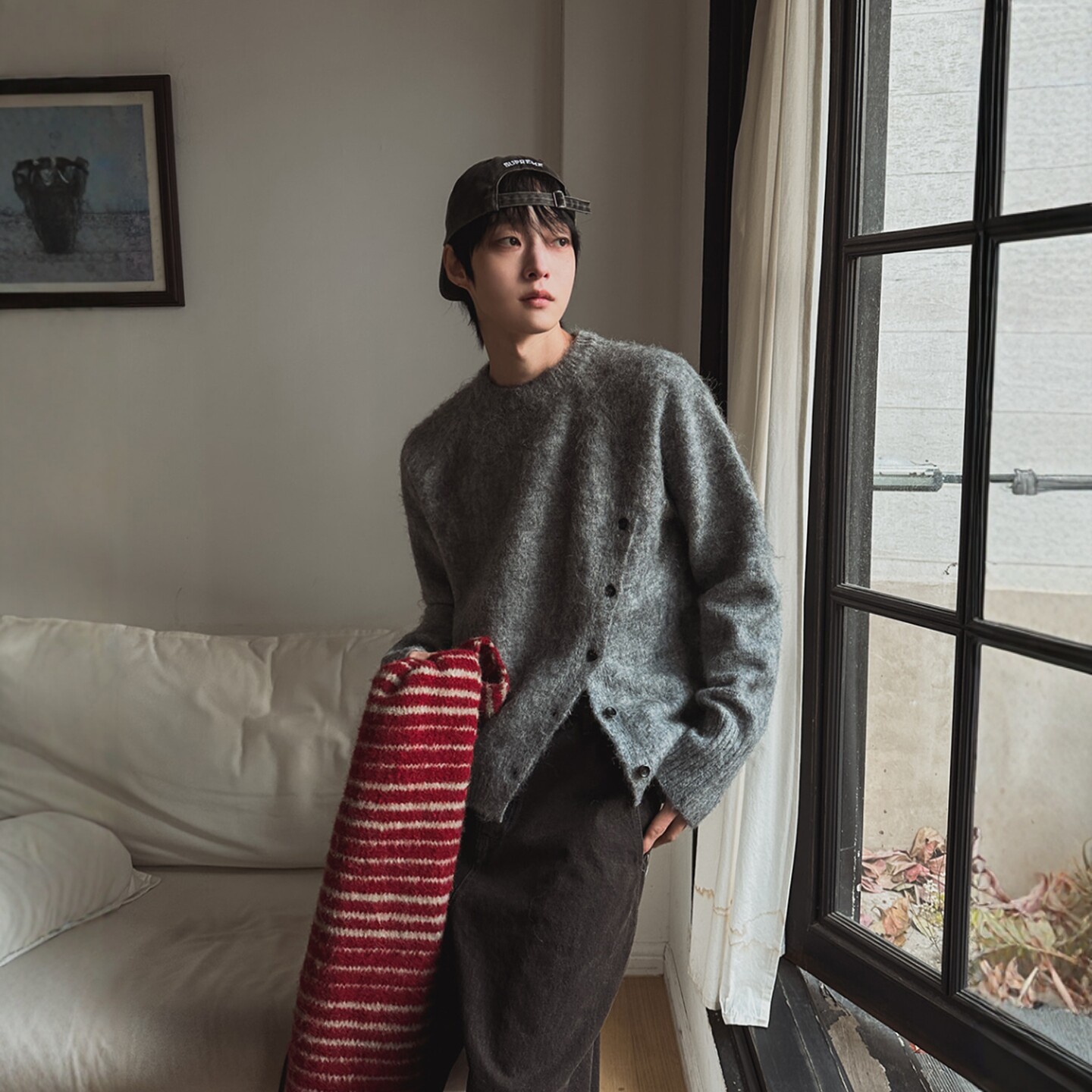 韩国代购小众羊毛斜线纽扣针织衫