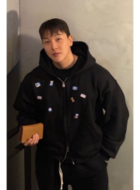 MRDONG韩国代购男装卡通刺绣加绒连帽外套冬季宽松休闲街头风格