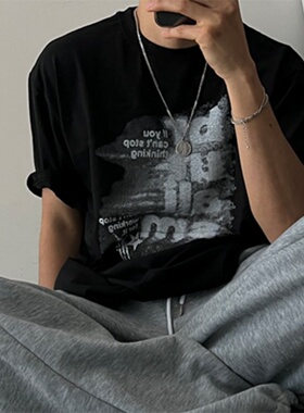 MRDONG韩国代购男装涂鸦字母印花短袖宽松圆领街头情侣百搭T恤