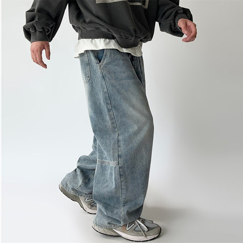 韩国男装拼接小众复古水洗牛仔裤