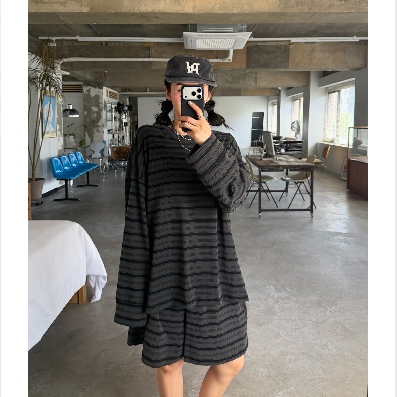 MRDONG韩国代购东大门男女votus开衩条纹做旧水洗大码落肩长袖T恤
