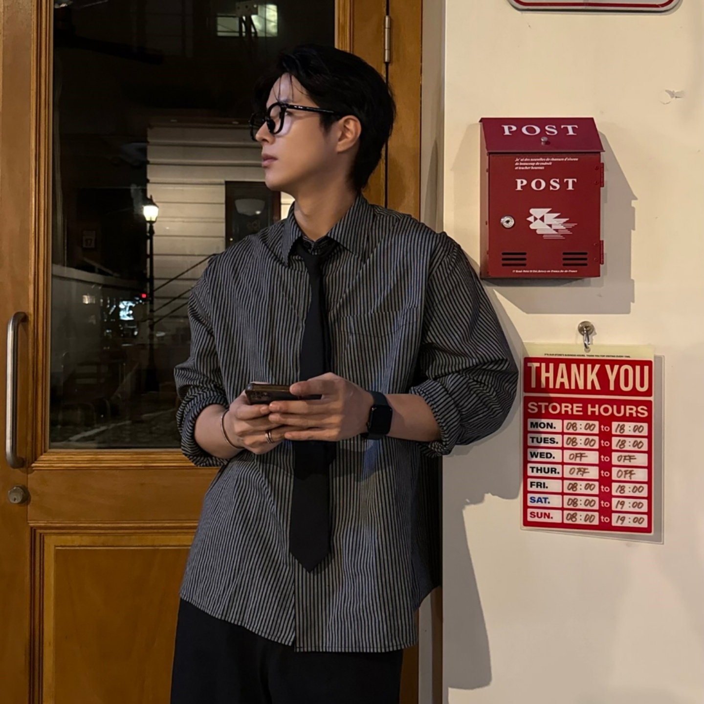 MRDONG韩国男装代购复古风独特细条纹休闲单口袋痞帅宽松长袖衬衫