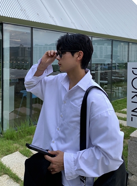 韩国男装代购直播NOKE亲肤棉短款设计师前短后长阔版休闲长袖衬衫