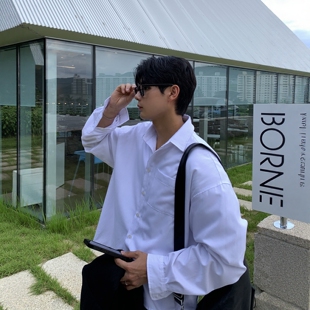 韩国男装代购直播NOKE亲肤棉短款设计师前短后长阔版休闲长袖衬衫