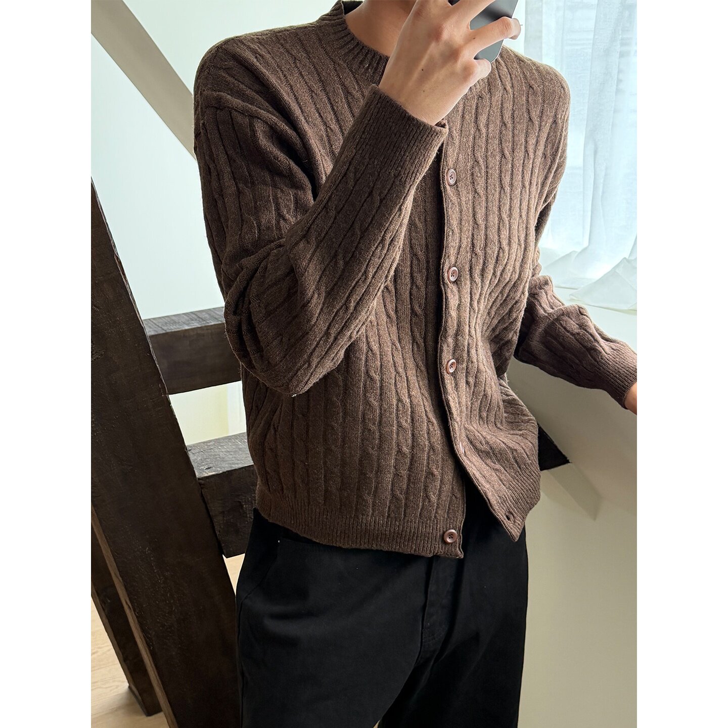 MRDONG韩国代购东大门男装麻花纹针织开衫外套复古轻熟风短款休闲